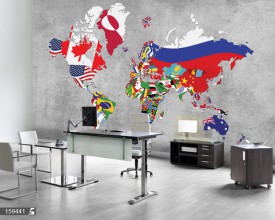 پوستر سه بعدی نقشه جهان با پرچم کشورها