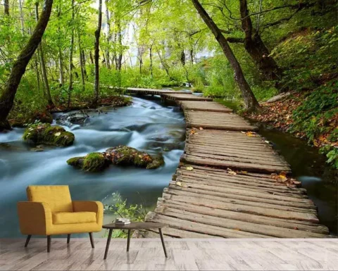 پوستر کاغذ دیواری رودخانه و راه چوبی