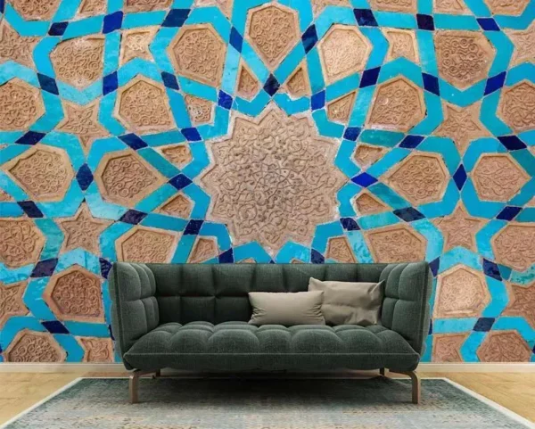 کاغذ دیواری طرح کاشی آبی سنتی - Image 2