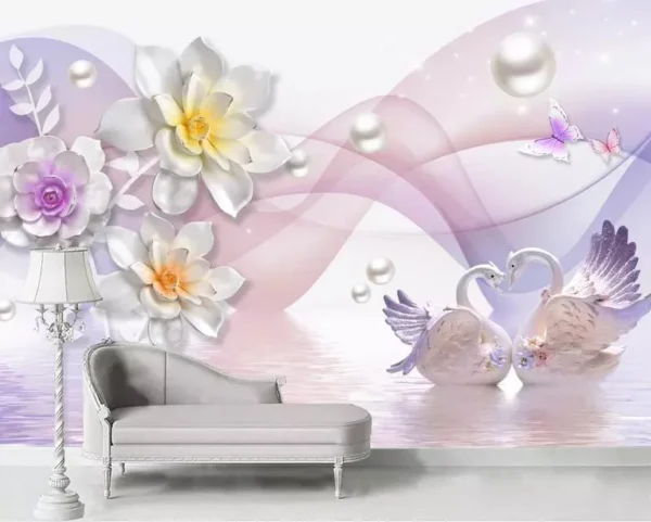 کاغذ دیواری سه بعدی قوهای زیبا در بهار - Image 2