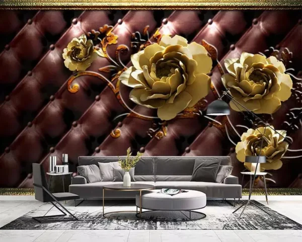 کاغذ دیواری سه بعدی طرح گل و پس زمینه چرم لمسه - Image 2