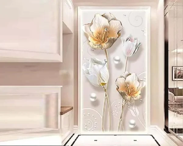 پوستر دیواری سه بعدی گل های طلایی و سفید - Image 2