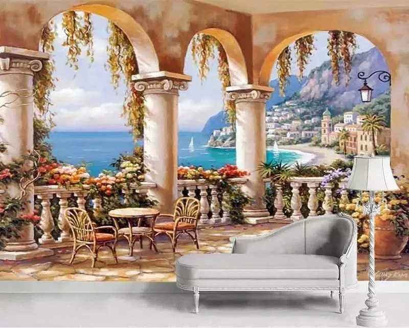 1579591708260.webp کاغذ دیواری سه بعدی طرح نقاشی منظره و تراس - Image 1