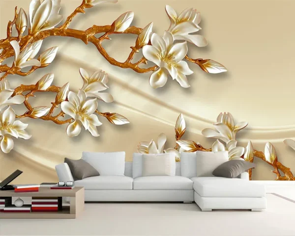 کاغذدیواری سه بعدی طرح گلهای شیپوری سفید - Image 2