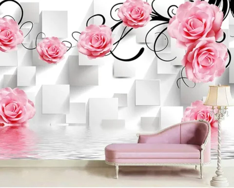 کاغذ دیواری سه بعدی طرح گل و مربع هندسی