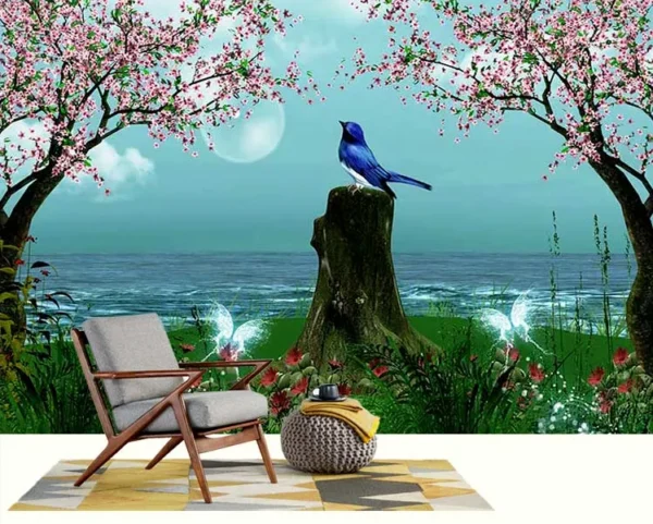 کاغذ دیواری طرح منظره زیبا و بلبل - Image 2