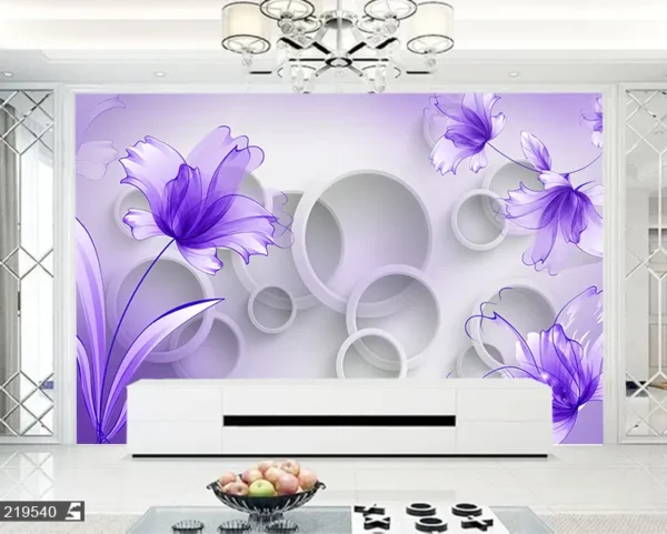 پوستر دیواری گل سه بعدی بنفش و اشکال هندسی - Image 3