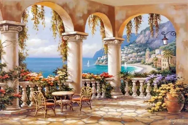 کاغذ دیواری سه بعدی طرح نقاشی منظره و تراس - Image 2