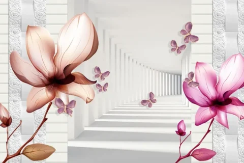 پوستر دیواری سه بعدی گلهای بهاره و پروانه
