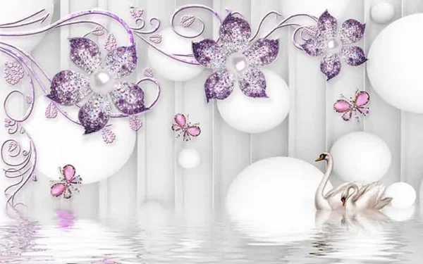 کاغذ دیواری سه بعدی طرح گلهای بنفش و قو - Image 2