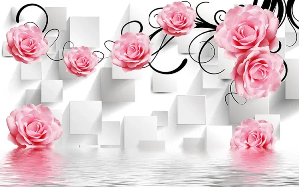 کاغذ دیواری سه بعدی طرح گل و مربع هندسی - Image 2